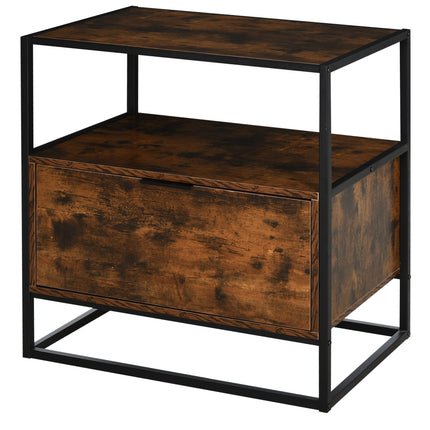 Industrial-Style Side Table with Drawer and Open Shelf Large Base Steel Frame - Black and Brown