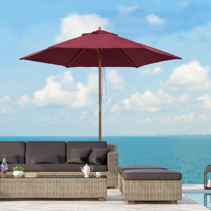 2.5m Wooden Garden Parasol Umbrella with Rope Pulley - Wine Red