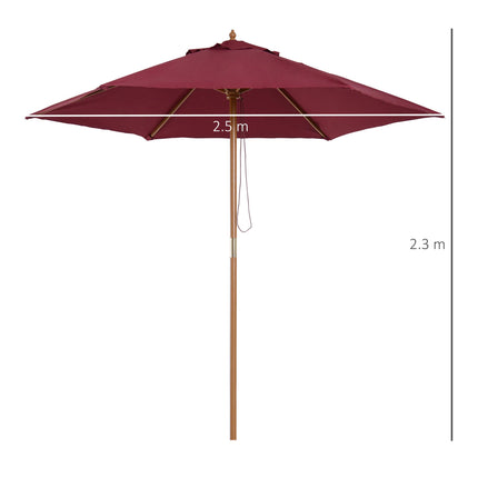2.5m Wooden Garden Parasol Umbrella with Rope Pulley - Wine Red