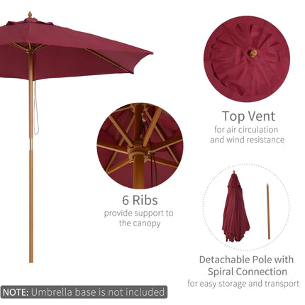 2.5m Wooden Garden Parasol Umbrella with Rope Pulley - Wine Red