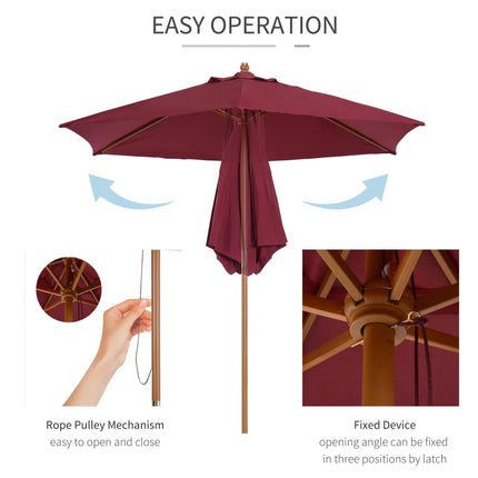 2.5m Wooden Garden Parasol Umbrella with Rope Pulley - Wine Red