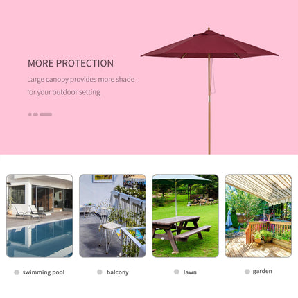 2.5m Wooden Garden Parasol Umbrella with Rope Pulley - Wine Red