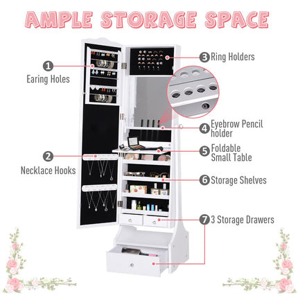 Jewellery Cabinet with LED Lighting, Mirror, Lock & Flip-over Makeup Organizer Armoire - White