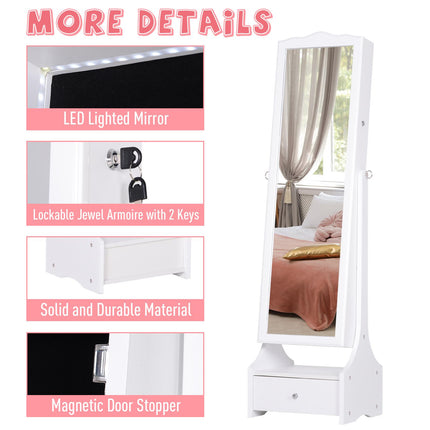 Jewellery Cabinet with LED Lighting, Mirror, Lock & Flip-over Makeup Organizer Armoire - White