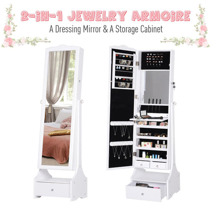 Jewellery Cabinet with LED Lighting, Mirror, Lock & Flip-over Makeup Organizer Armoire - White