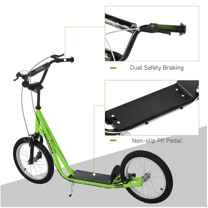 Teen Kids Adjustable Handlebar Stunt Kick Scooter with 2 Brakes and 16 Inch Rubber Tyres - Green