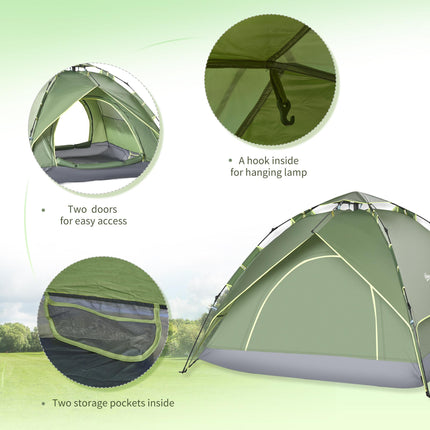 3 Person Pop Up Waterproof Camping Tent Festival Shelter - Dark Green
