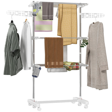 3-Tier Foldable Clothes Drying Rack with Wheels and Wings 142x55x152cm - White