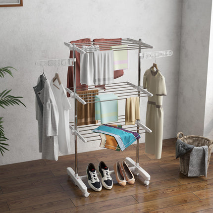 3-Tier Foldable Clothes Drying Rack with Wheels and Wings 142x55x152cm - White
