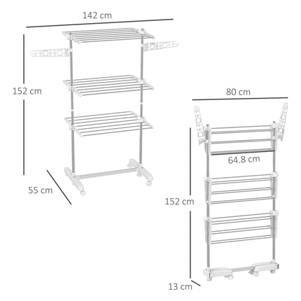 3-Tier Foldable Clothes Drying Rack with Wheels and Wings 142x55x152cm - White