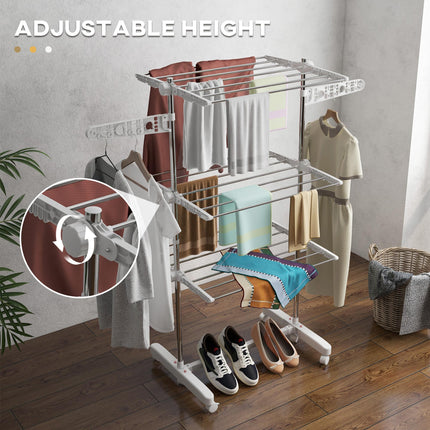 3-Tier Foldable Clothes Drying Rack with Wheels and Wings 142x55x152cm - White