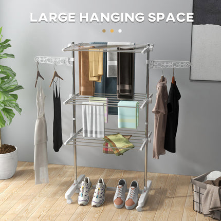 3-Tier Foldable Clothes Drying Rack with Wheels and Wings 142x55x152cm - White