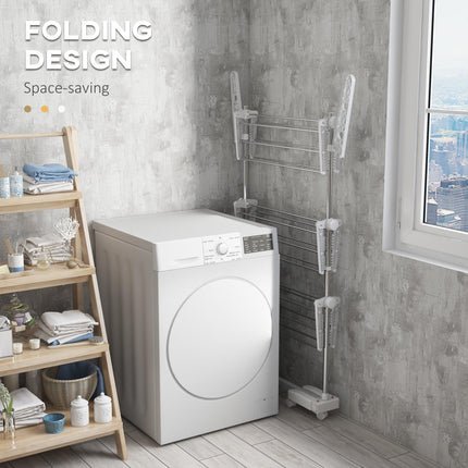 3-Tier Foldable Clothes Drying Rack with Wheels and Wings 142x55x152cm - White