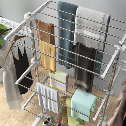 3-Tier Foldable Clothes Drying Rack with Wheels and Wings 142x55x152cm - White