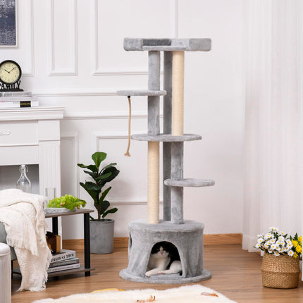 Multi-level Cat Tree Kitten Tower with Scratching Post, Hanging Ropes & Plush Perches - Grey