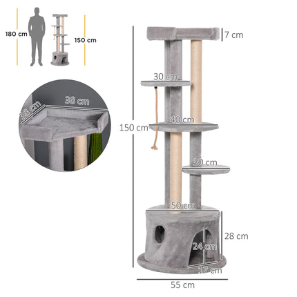 Multi-level Cat Tree Kitten Tower with Scratching Post, Hanging Ropes & Plush Perches - Grey
