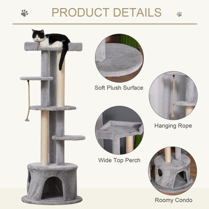 Multi-level Cat Tree Kitten Tower with Scratching Post, Hanging Ropes & Plush Perches - Grey