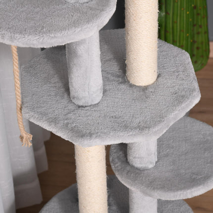 Multi-level Cat Tree Kitten Tower with Scratching Post, Hanging Ropes & Plush Perches - Grey