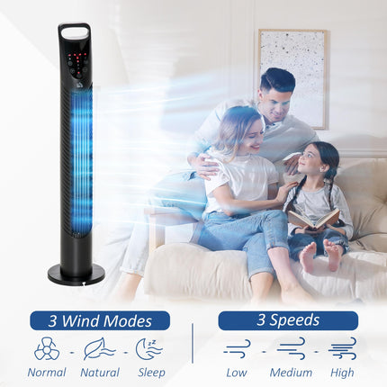 Oscillating Tower Fan 3 Speeds 3 Wind Modes 40W with Remote & Timer - Black