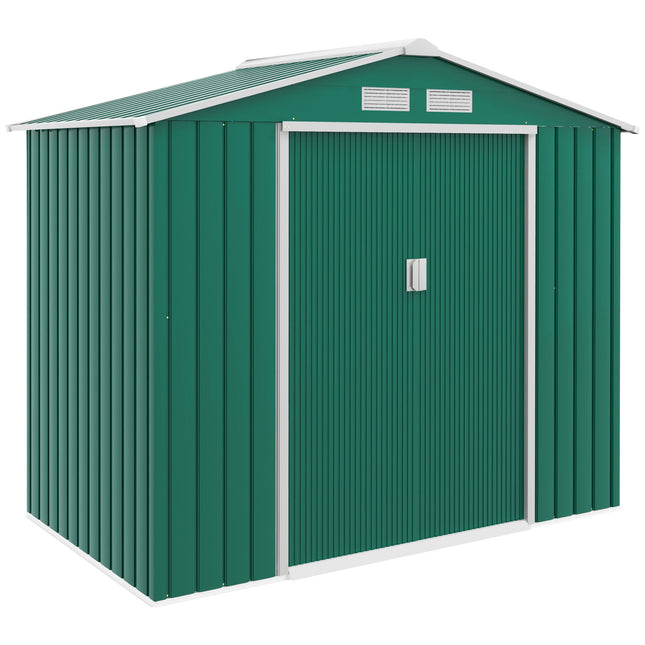 7ft x 4ft Lockable Metal Garden Storage Shed with Patio Roof - Green