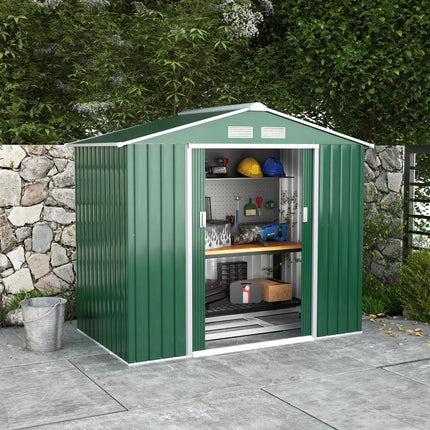 7ft x 4ft Lockable Metal Garden Storage Shed with Patio Roof - Green
