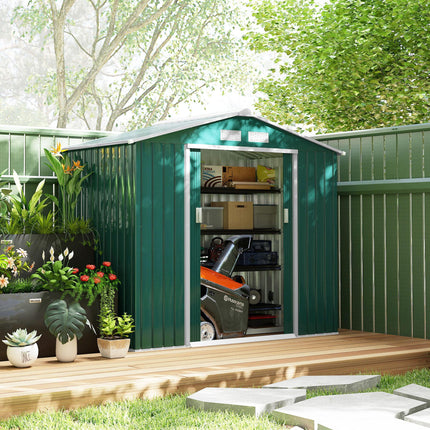 7ft x 4ft Lockable Metal Garden Storage Shed with Patio Roof - Green