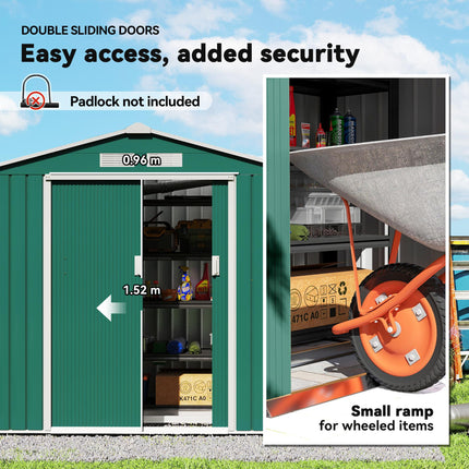 7ft x 4ft Lockable Metal Garden Storage Shed with Patio Roof - Green