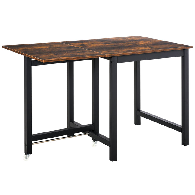 Folding Dining Table, Industrial Drop Leaf Table with Wheels and Metal Frame for