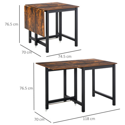 Folding Dining Table, Industrial Drop Leaf Table with Wheels and Metal Frame for