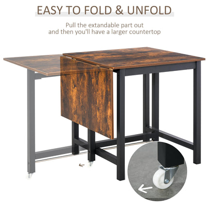 Folding Dining Table, Industrial Drop Leaf Table with Wheels and Metal Frame for