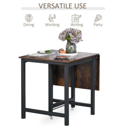 Folding Dining Table, Industrial Drop Leaf Table with Wheels and Metal Frame for