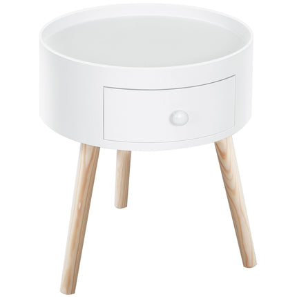 Modern Round Coffee Table with Drawer Wooden Legs Storage Side Table - White