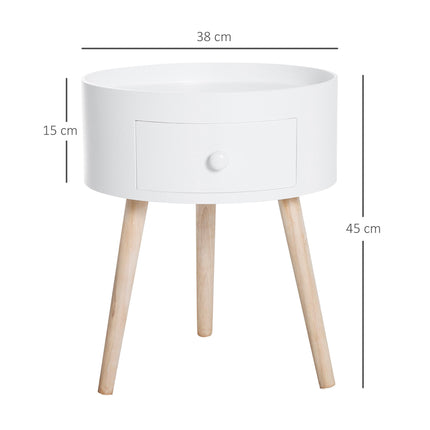 Modern Round Coffee Table with Drawer Wooden Legs Storage Side Table - White