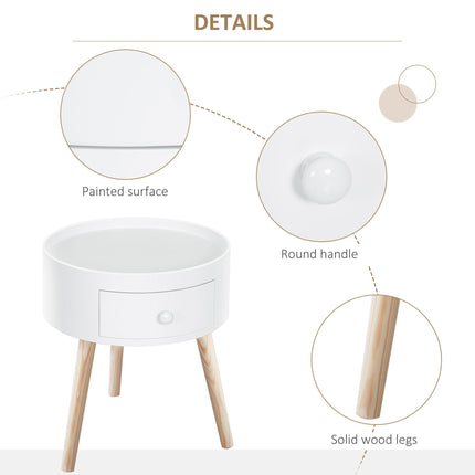 Modern Round Coffee Table with Drawer Wooden Legs Storage Side Table - White