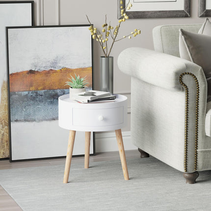 Modern Round Coffee Table with Drawer Wooden Legs Storage Side Table - White