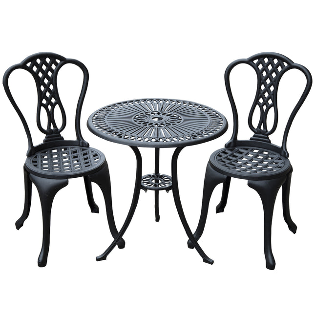 3 Piece Vintage Cast Aluminium Bistro Set with Parasol Hole - Black