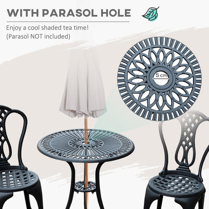 3 Piece Vintage Cast Aluminium Bistro Set with Parasol Hole - Black