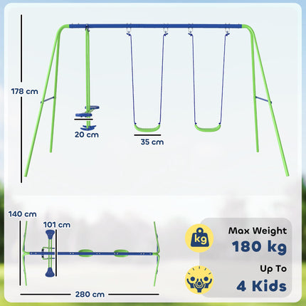 2 Piece Metal Swing and Seesaw Set with Adjustable Height - Green