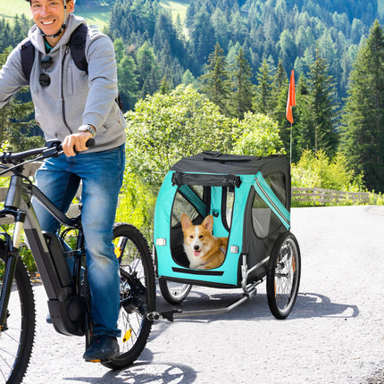 Dog Bike Trailer Folding Pet Carrier with Suspension Steel Frame Jogger Stroller - Green & Grey