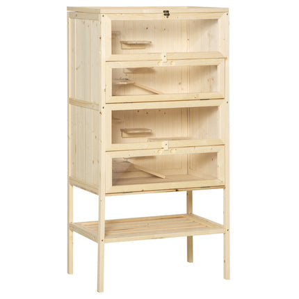 4-Layer Wooden Hamster Cage with Storage Shelf for Small Rodents - Natural Wood