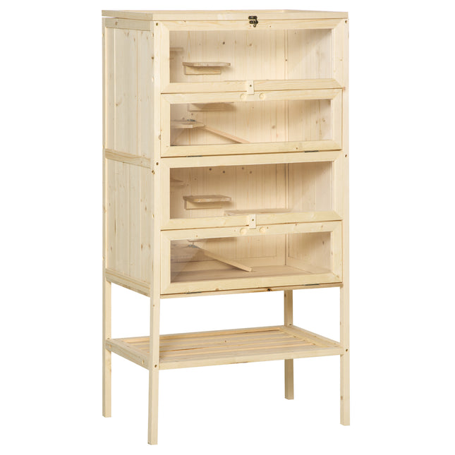 4-Layer Wooden Hamster Cage with Storage Shelf for Small Rodents - Natural Wood