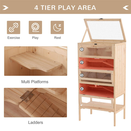4-Layer Wooden Hamster Cage with Storage Shelf for Small Rodents - Natural Wood