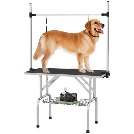 Adjustable Dog Grooming Table with Rubber Top, Safety Slings & Mesh Storage Basket - Black