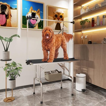 Adjustable Dog Grooming Table with Rubber Top, Safety Slings & Mesh Storage Basket - Black