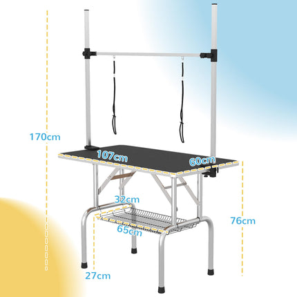 Adjustable Dog Grooming Table with Rubber Top, Safety Slings & Mesh Storage Basket - Black