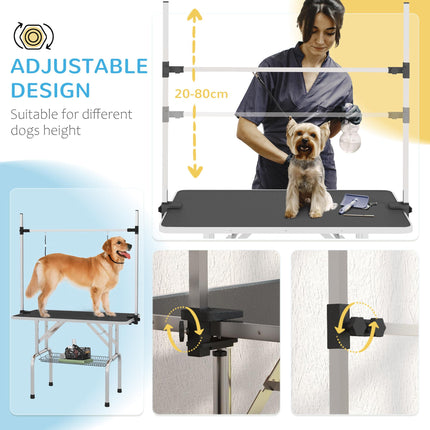 Adjustable Dog Grooming Table with Rubber Top, Safety Slings & Mesh Storage Basket - Black