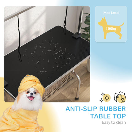 Adjustable Dog Grooming Table with Rubber Top, Safety Slings & Mesh Storage Basket - Black