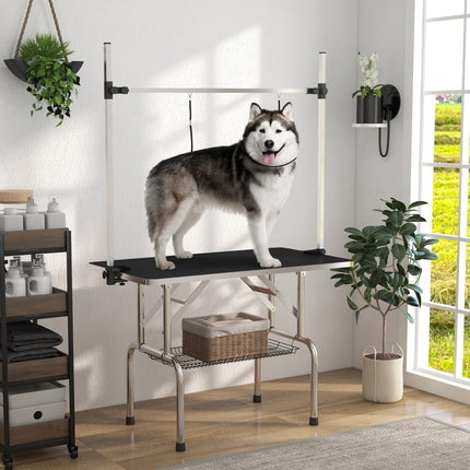 Adjustable Dog Grooming Table with Rubber Top, Safety Slings & Mesh Storage Basket - Black