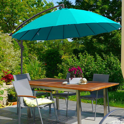 3m Cantilever Shanghai Parasol Garden Hanging Banana Sun Umbrella with Crank Handle, 18 Ribs and Cross Base - Turquoise