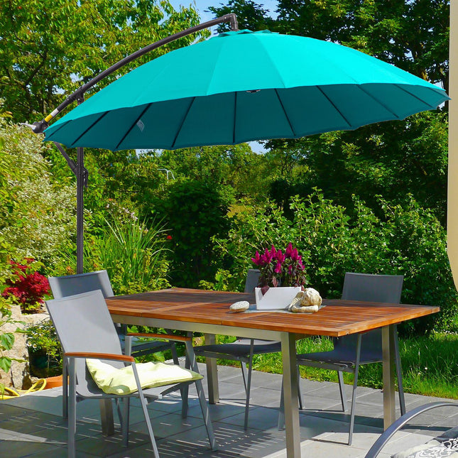 3m Cantilever Shanghai Parasol Garden Hanging Banana Sun Umbrella with Crank Handle, 18 Ribs and Cross Base - Turquoise